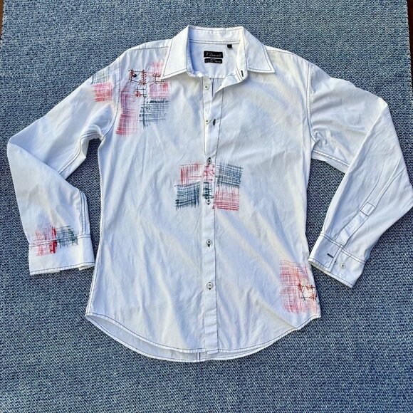 7 Diamonds Mens Long-Sleeve Button-Up Shirt With Red & Blue Abstract Print Retro - Picture 1 of 7